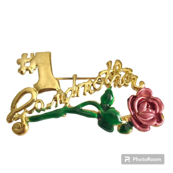 Vintage #1 Grandmother Brooch Pin Gold Plated Pink Rose Grandma Mothers Day Gift - Picture 2 of 9
